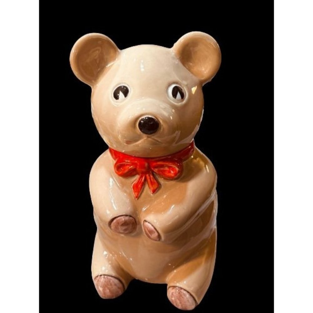 Made In Italy Lord & Taylor Teddy Bear Cookie Jar Ceramic Rich Coffee Color Red